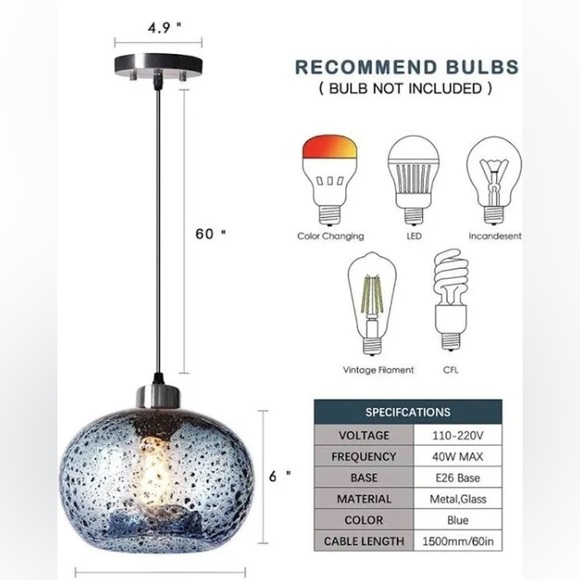 NEW IN BOX Hand Blown Glass COASTAL Blue Modern Accent Pendant light - Picture 5 of 9